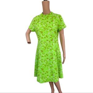 60s Psychedelic Green Dress Short Sleeve Vintage